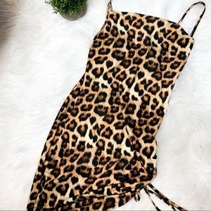 PLT Leopard Print Strappy Ruched Bodycon Dress